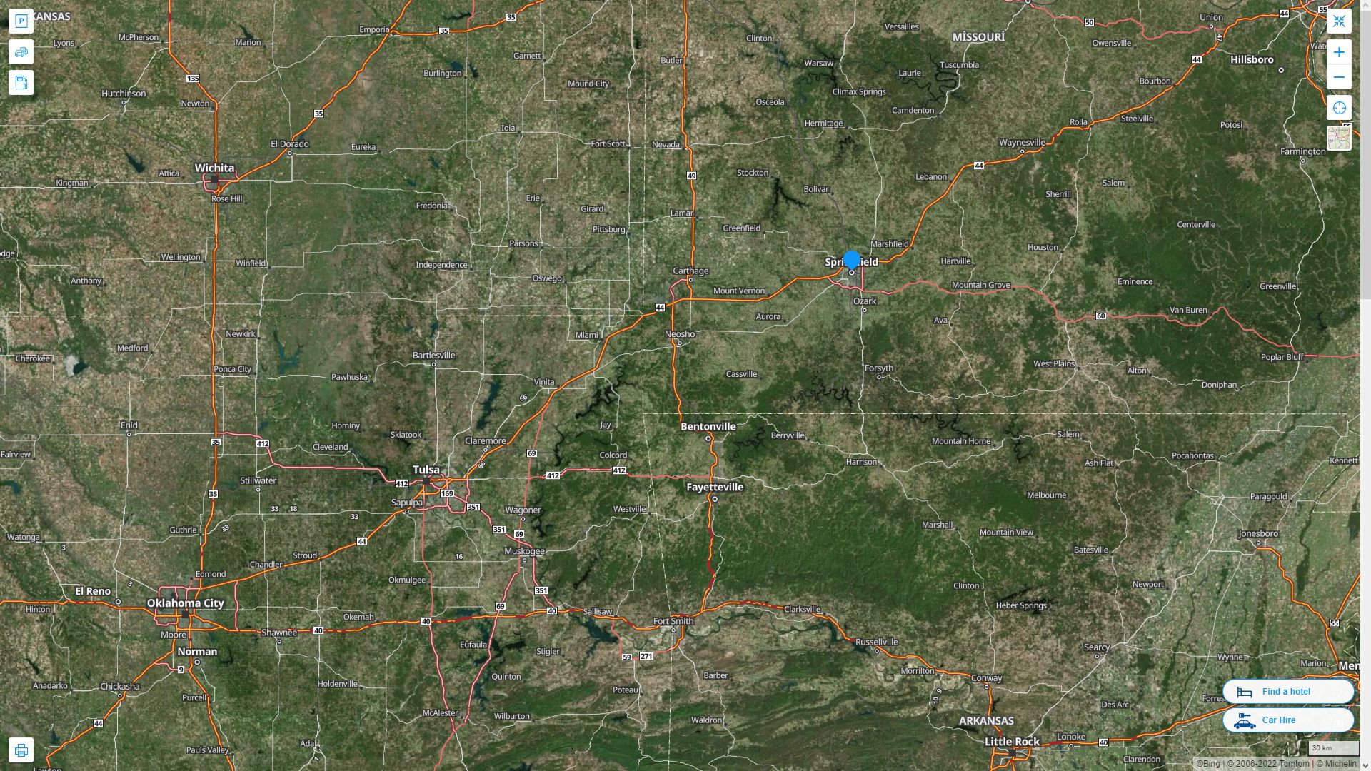 Springfield Missouri Highway and Road Map with Satellite View